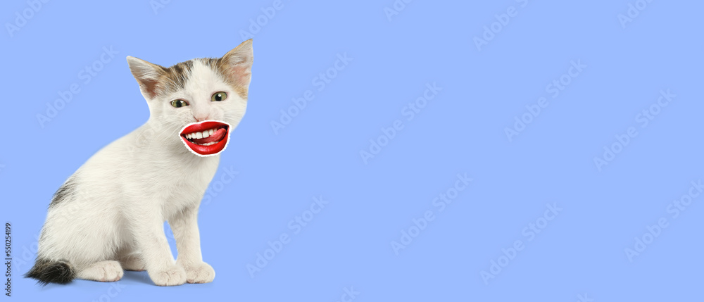 Sticker Cute funny kitten with red lips on color background with space for text