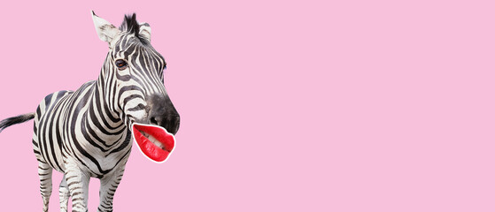 Funny zebra with red lips on pink background with space for text - obrazy, fototapety, plakaty