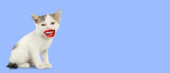 Cute funny kitten with red lips on color background with space for text