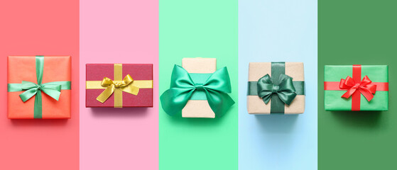 Collage with many Christmas gift boxes on colorful background, top view