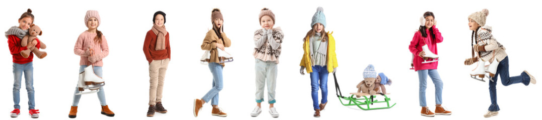 Collection of stylish little children in winter clothes on white background