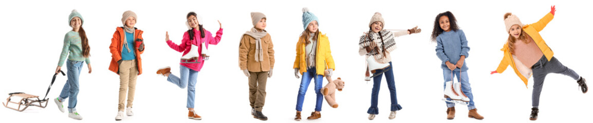 Collage of adorable little children in winter clothes on white background - Powered by Adobe