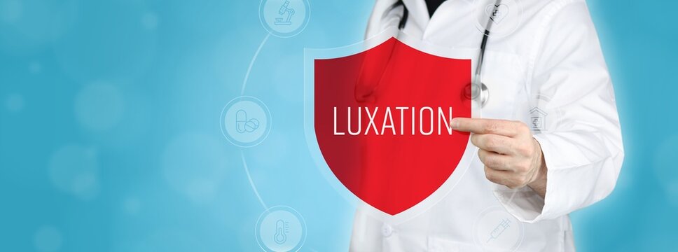 Luxation (Verrenkung). Arzt h&auml;lt rotes Schutzschild umgeben von Icons im Kreis. Medizinisches Wort im Symbol