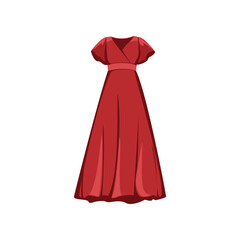 Red female gown for party cartoon illustration. Beautiful maxi dress for elegant woman. Trendy and stylish women dress isolated on white background. Clothes, fashion concept