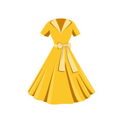 Yellow female summer dress cartoon illustration. Beautiful old-fashioned dress for elegant woman. Trendy and stylish women gown isolated on white background. Clothes, fashion concept.