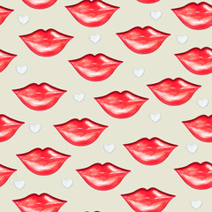 Pink lips smile, white heart watercolor seamless pattern. Digital paper for packaging, wallpaper, print , poster, cover
