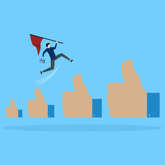 Fototapeta premium happy businessman holding winner flag jumping up growing thumbs up sign. Career growth development, reward or praise for successful employee concept, achievement, job advancement or promotion.