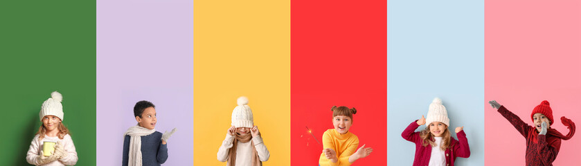 Collection of cute little children in winter clothes on color background