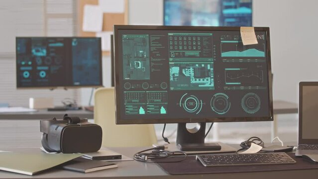 No people shot of pcb design software developing on computer monitors at modern programmers office