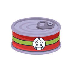 Colorful tin can puree for children cartoon illustration. Cute baby food or product isolated on white background. Complementary food, nutrition concept.