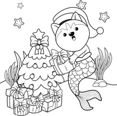 Christmas coloring book with cute husky mermaid