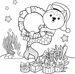 Christmas coloring book with cute husky mermaid