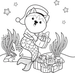 Christmas coloring book with cute husky mermaid