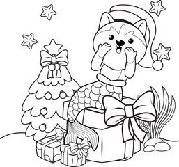 Christmas coloring book with cute husky mermaid