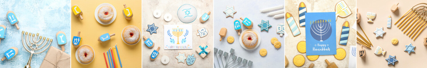 Collage of symbols for Hannukah on color background