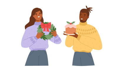 Man and woman with holiday presents - wreath and cake. Vector flat illustration