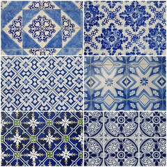 collection collage of six blue white old tiles from portugal