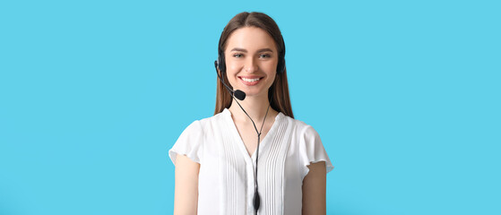 Female technical support agent on light blue background