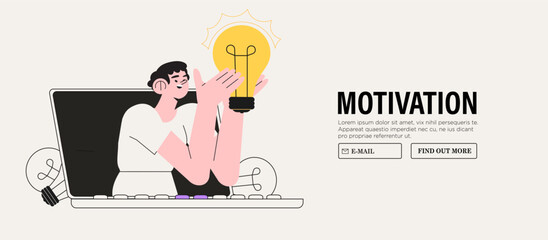 Inspiration idea to inspire or motivate people to success, business innovation or creativity, solution or invention concept. Vector illustration woman hold light bulb banner for business or education.