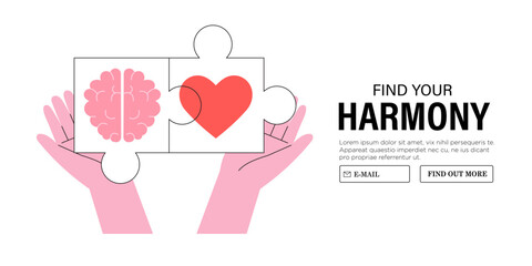 Wellness, body and brain harmony, meditation or healthcare concept. Female or male character hands hold heart and human brain puzzle. Mental and physical health, plug in connection or balance.