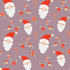 Seamless Christmas pattern with cartoon Santa and lollipops on a pink background. Wrapping paper design.