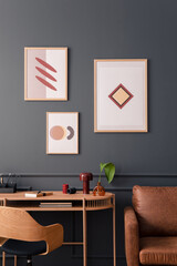 Interior design of stylish living room interior with mock up poster frame, wooden desk, brown sofa,...