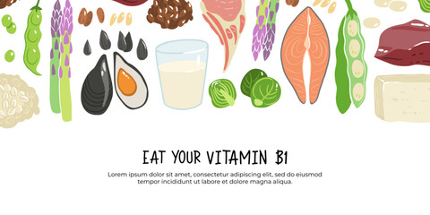 Collection of vitamin B1 sources. Food containing thiamin. Tofu, oatmeal, liver, pork, beans, peas, mussels, salmon, asparagus, flax seeds, brussels sprouts. Dietetic products, organic nutrition.