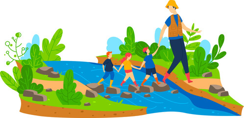 Cartoon man with people children hiking at river nature, vector illustration. Girl boy kid at outdoor adventure, travel near water.