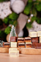 Traditional German sweets called 'Dominosteine'. Christmas candy consisting of gingerbread, jelly...