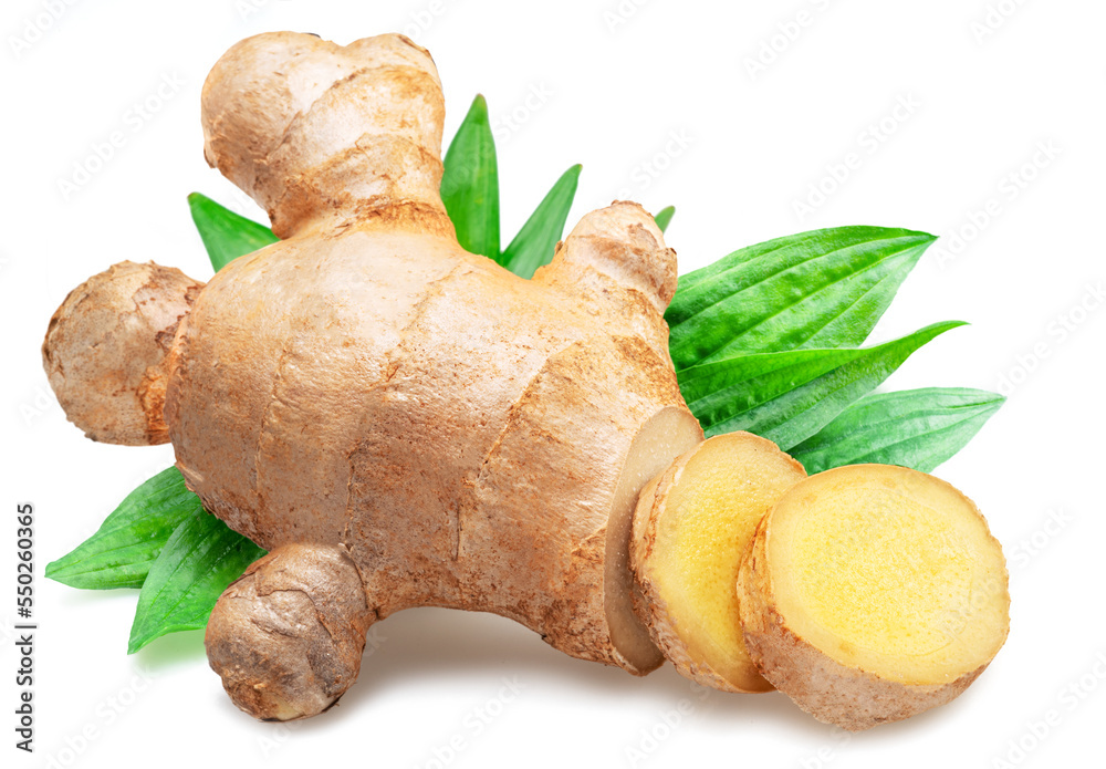 Wall mural ginger root and round slices of ginger root isolated on white background.