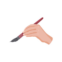 Hand drawing with paintbrush vector illustration. Hand of painter isolated on white background. Art, education, stationery, creativity concept