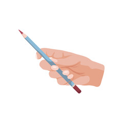 Hand holding color pencil vector illustration. Hand of painter drawing isolated on white background. Art, education, stationery, creativity concept