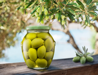Whole green olives cured in brine in the glass can on the wooden plank, blurred olive garden at the background.