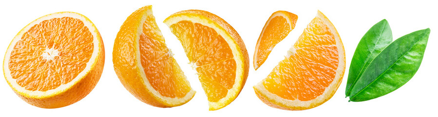 Set of orange fruits, slices and orange leaves isolated on white background. File contains clipping path.
