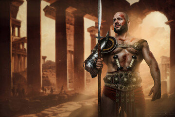 Shot of serious roman gladiator with naked torso and long spear isolated on grey background. - obrazy, fototapety, plakaty