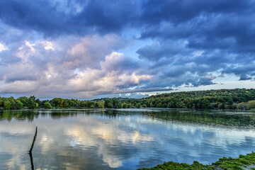 Treeton Dyke, clouds over the lake