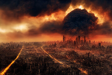 A megalopolis destroyed by a nuclear strike. Consequences of the global military conflict. Realistic digital illustration. Fantastic Background. Concept Art. CG Artwork.
