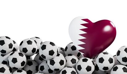 Qatar flag heart with a soccer ball background. Football banner. 3D Rendering