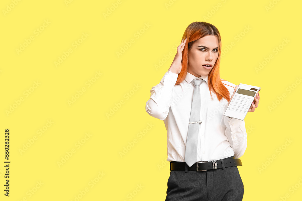 Sticker Stressed transgender secretary with calculator on yellow background