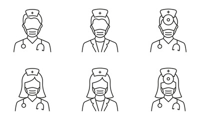 Hospital Healthcare Staff Line Icon. Male and Female Professional Doctors Outline Pictogram. Nurse, Otolaryngologist, Surgeon icon. Isolated Vector Illustration