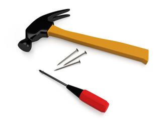 Hammer, screwdriver and nails on white background. 3D rendering