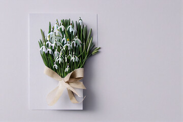 Bouquet of snowdrops on a white wooden background. Greeting card for March 8.