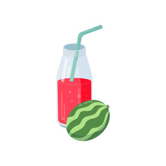 Fresh watermelon smoothie or juice in bottle isolated on white background. Glass with fruit drink vector illustration. Summer, beverage, diet, detox concept
