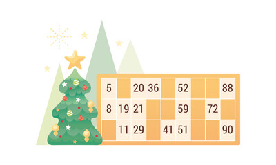 Carton de loto tombola bingo, décor de fête de Noël, sapin vert décoré d'ornements avec une étoile brillante, organisation de jeux de loisirs pour gagner des cadeaux et des lots