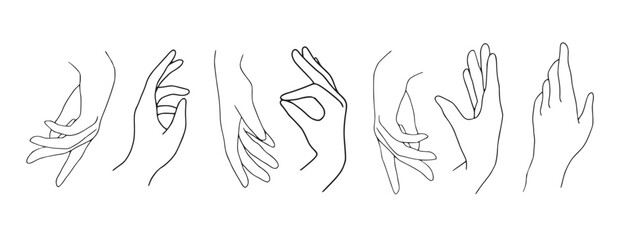 Vector Hands collection illustration on white background. Hand gesture vector illustration, simple hand drawn set. Line art hands clip art. 