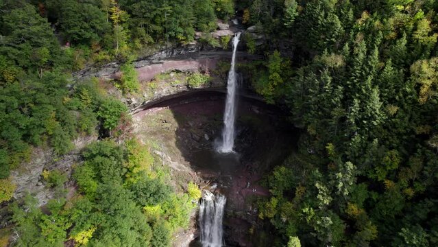 Cascading Waterfalls In The Catskills, NYC. Aerial Circle Dolly