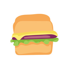 Hamburger with cheese and lettuce vector illustration. Cartoon drawing of fast food meal or burger for lunch at school or office on white background. Lunch break, food, diet concept