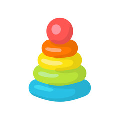 Colorful plastic toy pyramid for kids vector illustration. Plastic rings of different colors and ball for kindergarten or school children. Childhood, entertainment, education, geometry concept for