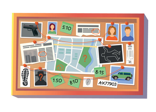 Detective board with photos, map, fingerprints, newspapers, and evidence connected by a red thread. Cartoon vector illustration.