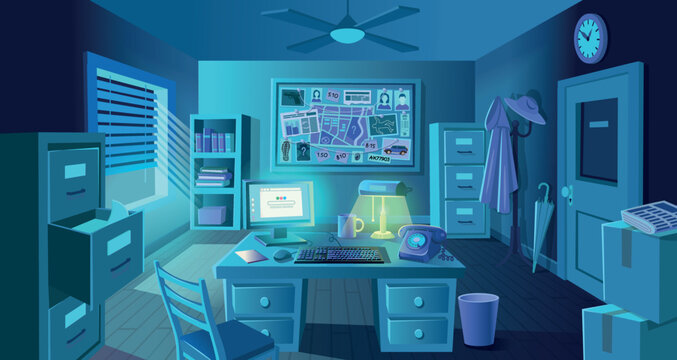 Detective room at night. Police office with evidence board. Investigations room with desk, board with evidence, computer, retro phone and shelf. Vector illustration in cartoon style.